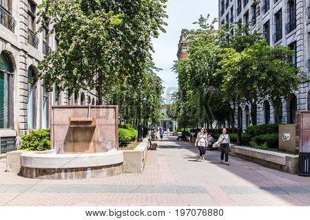 Montreal, Canada - May 28, 2017: Old Town Area With Park On Rue Le Royer During Summer Day With Peop