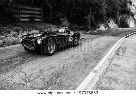 GOLA DEL FURLO, ITALY - MAY 19: FERRARI 225 S SPIDER VIGNALE 1952 on an old racing car in rally Mille Miglia 2017 the famous italian historical race (1927-1957) on May 19 2017