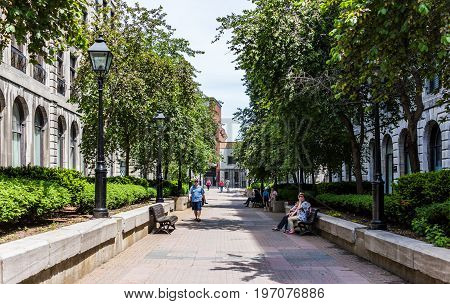 Montreal, Canada - May 28, 2017: Old Town Area With Park On Rue Le Royer During Summer Day With Peop