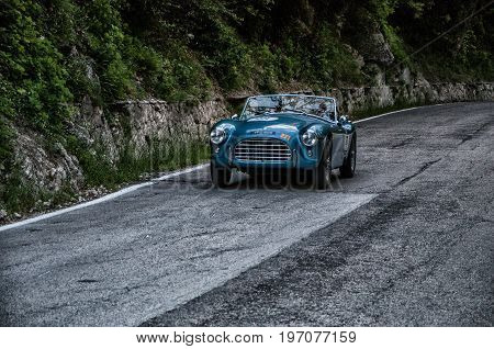 GOLA DEL FURLO, ITALY - MAY 19: A.C. ACE 1954 on an old racing car in rally Mille Miglia 2017 the famous italian historical race (1927-1957) on May 19 2017