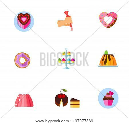 Confectionery icon set. Heart-shaped cake Cake decoration Heart-shaped donut Doughnut Sweet stand Creamy caramel flat dessert Jelly Cake piece Cupcake