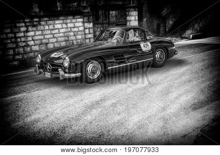 GOLA DEL FURLO, ITALY - MAY 19: MERCEDES-BENZ 300 SL COUPÉ W 198 1956 on an old racing car in rally Mille Miglia 2017 the famous italian historical race (1927-1957) on May 19 2017