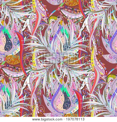 Floral Sketch. Colorful Ornamental Border. Vector Illustration. Seamless Pattern. On Colorful Backgr