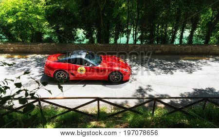GOLA DEL FURLO, ITALY - MAY 19: FERRARI 599 GTO on an old racing car in rally Mille Miglia 2017 the famous italian historical race (1927-1957) on May 19 2017