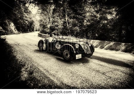 GOLA DEL FURLO, ITALY - MAY 19: HEALEY 2400 SILVERSTONE D-TYPE 1949 on an old racing car in rally Mille Miglia 2017 the famous italian historical race (1927-1957) on May 19 2017