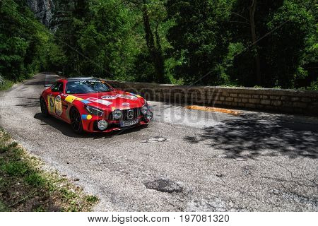 GOLA DEL FURLO, ITALY - MERCEDES-AMG GT R	2017 on an old racing car in rally Mille Miglia 2017 the famous italian historical race (1927-1957) on May 19 2017