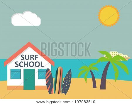 Travel and vacation. Surfboards standing in sand beach near surf school. Vector illustration.