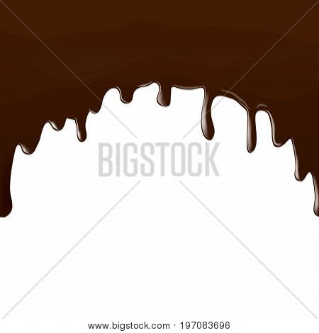 Vector illustration. A stream of liquid brown chocolate. Drops flow down from the top. Design background for poster banner.