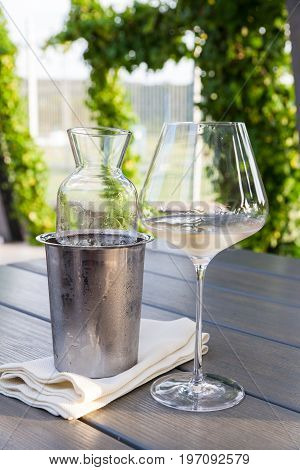 Fresh istrian white wine called Malvasia on table