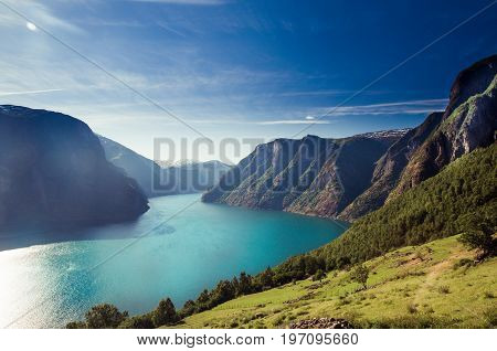 View on Aurlandsfjorden fjord landscape in Norway