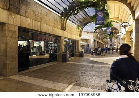 Jerusalem Israel - May 05 2017: Mamilla Mall Alrov Mamilla Avenue shopping street open-air mall in Jerusalem Israel on October 3 2016