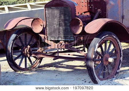 July 20, 2017 in Brea, CA:  Front of a 1924 Model T Car taken at the Olinda Museum where visitors can view historic oil drilling equipment and classic vehicles while understanding what this local area looked like 100 years ago taken in Brea, CA