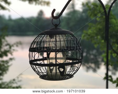 hummingbird feeder on the pond at dusk