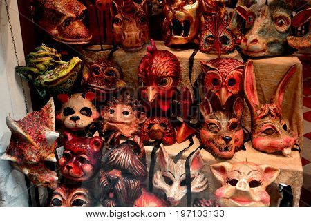 Venice Italy,October 15th 2013.Intricate animal masks on display in a window in Venice Italy just in time for the Carnivale. Buy a disguise and have fun in Venice during Carnivale.