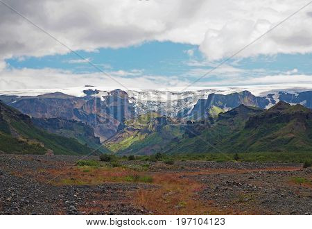 Thorsmork National Park In Iceland  - Green Mountains Glacier Tongue