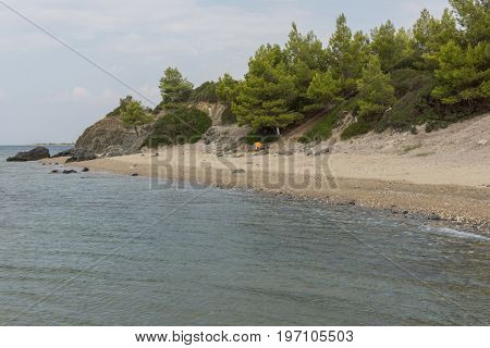 Panoramic view of Vatopedi Beach at Sithonia peninsula, Chalkidiki, Central Macedonia, Greece