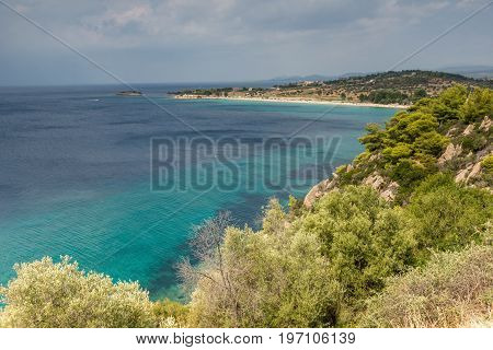 Panoramic view of Agios Ioannis Beach at Sithonia peninsula, Chalkidiki, Central Macedonia, Greece