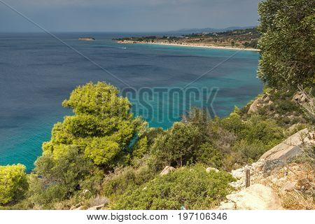 Panoramic view of Agios Ioannis Beach at Sithonia peninsula, Chalkidiki, Central Macedonia, Greece