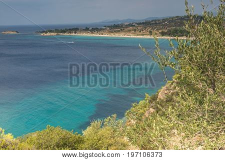 Panoramic view of Agios Ioannis Beach at Sithonia peninsula, Chalkidiki, Central Macedonia, Greece