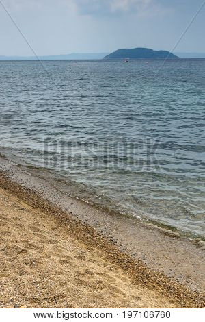 Panoramic view of Neos Marmaras Beach at Sithonia peninsula, Chalkidiki, Central Macedonia, Greece