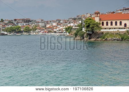 Panoramic view of town of Neos Marmaras at Sithonia peninsula, Chalkidiki, Central Macedonia, Greece