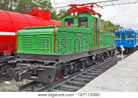 Novosibirsk Museum of railway equipment in Novosibirsk Siberia Russia - July 7 2017: Industrial locomotive type II-KP-2A. Built by Novocherkassk electric locomotive plant named after S. M. Budenny in 1950