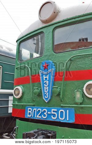Novosibirsk Museum of railway equipment in Novosibirsk Siberia Russia - July 7 2017: 23 VL ( Vladimir Lenin ) -- Soviet electric locomotive of direct current. Made in 1958 the Novocherkassk electric locomotive plant