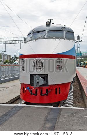 Novosibirsk Museum of railway equipment in Novosibirsk Siberia Russia - July 7 2017: ER 200 - 2 second edition - Soviet high-speed train DC. Produced by Riga carriage works