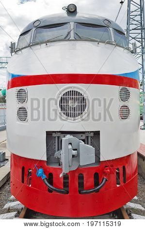 Novosibirsk Museum of railway equipment in Novosibirsk Siberia Russia - July 7 2017: ER 200 - 2 second edition - Soviet high-speed train DC. Produced by Riga carriage works