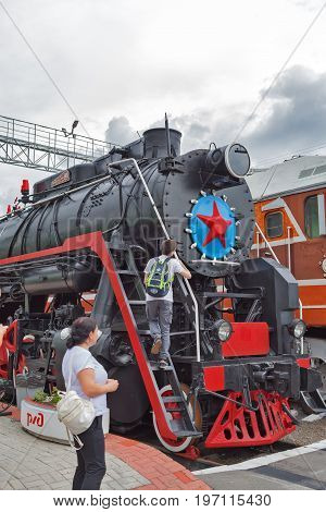 Novosibirsk Museum of railway equipment in Novosibirsk Siberia Russia - July 7 2017: the Soviet mainline freight steam locomotive L series . Built by the Voroshilovgrad factory name the October revolution in 1954