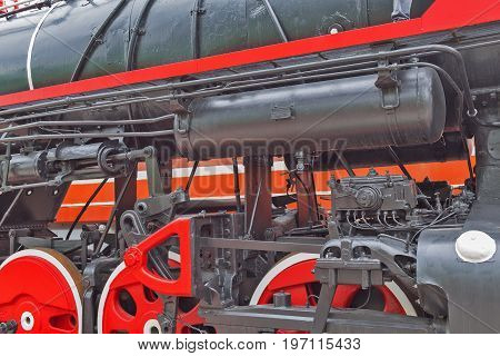 Novosibirsk Museum of railway equipment in Novosibirsk Siberia Russia - July 7 2017: the Rocker mechanism of the Soviet mainline freight locomotive L