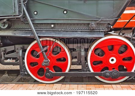 Novosibirsk Museum of railway equipment in Novosibirsk Siberia Russia - July 7 2017: the Rocker mechanism of the Soviet mainline freight locomotive L