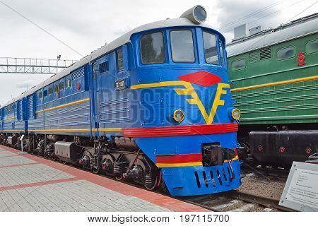 Novosibirsk Museum of railway equipment in Novosibirsk Siberia Russia - July 7 2017: Mainline passenger locomotive TE 7. Built in 1964 Luhanskteplovoz