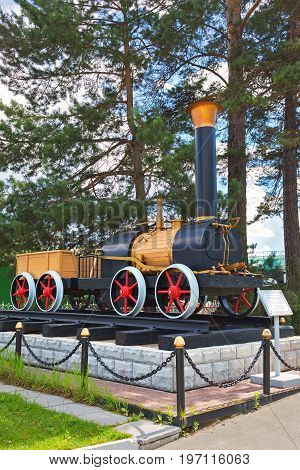 Novosibirsk Museum of railway equipment in Novosibirsk Siberia Russia - July 3 2017: the layout of the first Russian steam locomotive Cherepanov ( 1834 )