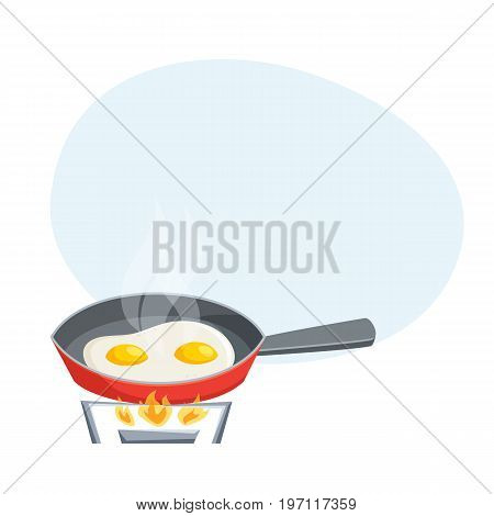 Eggs are fried in a frying pan. Cooking process vector illustration. Kitchenware and utensils. Food. Tasty breakfast recipe