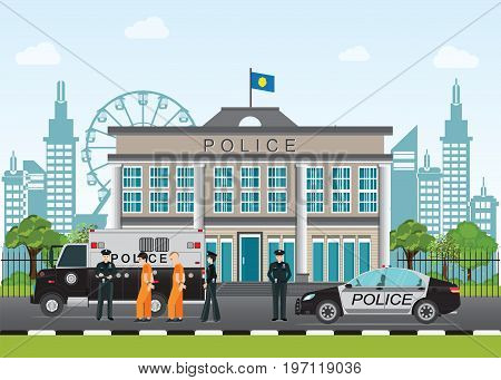 Police station with prison bus cop and prisoner in orange prisons handcuffed flat style Vector illustration.