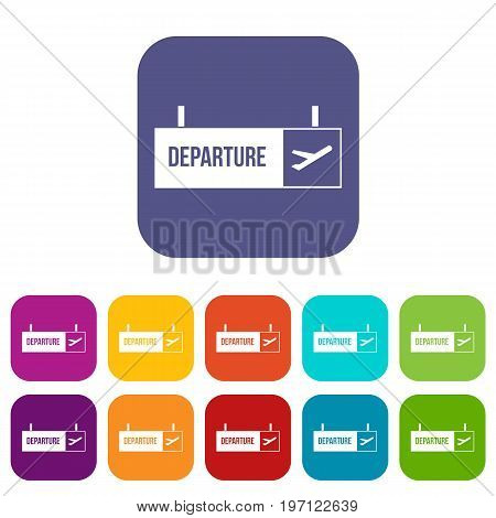 Airport departure sign icons set vector illustration in flat style in colors red, blue, green, and other