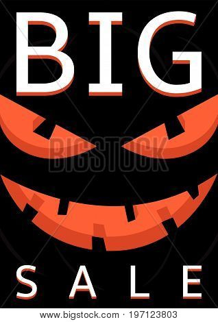 Halloween sale poster with pumpkin smyle. Black poster with seasonal discount offer. Halloween greeting card. Vector illustration.