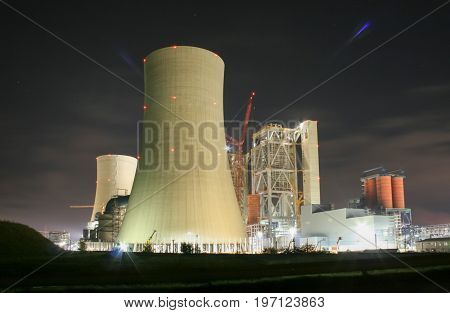 the coal power plant near Grevenbroich at night in long-time exposure