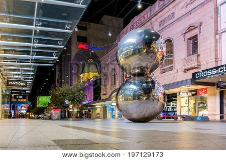Adelaide Australia - April 16 2017: Iconic Rundle Mall Balls in Adelaide CBD from ground point of view at night