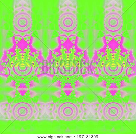 Abstract geometric background. Regular modern concentric circle ornaments pink, violet and magenta on bright green, conspicuous and dreamy.