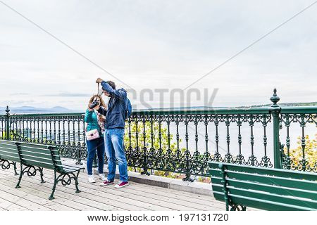 Quebec City, Canada - May 29, 2017: Old Town View Of Dufferin Terrace Wooden Boardwalk With Couple T