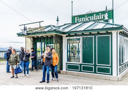 Quebec City, Canada - May 29, 2017: Old Town View Of Dufferin Terrace Wooden Boardwalk With Funicula