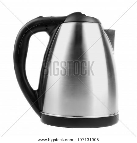 An electric stainless steel kettle, isolated on a white background. The beautiful design of modern gray kettle full of water. The silver pot for the kitchen.