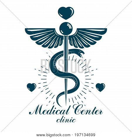 Aesculapius vector abstract business logo for use in medical treatment. Cardiovascular system diseases prevention conceptual emblem.