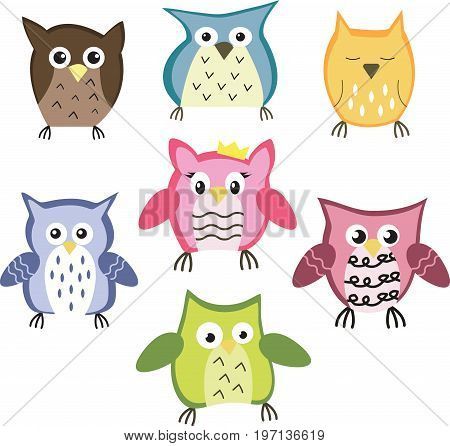 Funny vector collection of seven cute owls.