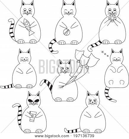 Vector set of eight funny, fat and white cats.