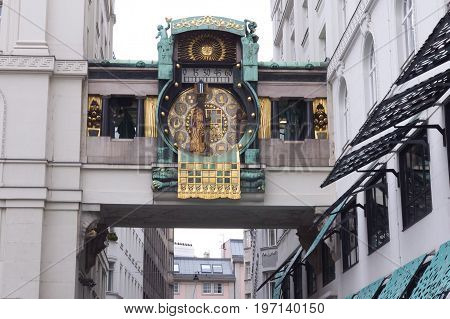Vienna, Austria, October 2016, Anker clock - famous touristic landmark telephoto