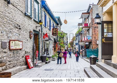 Quebec City, Canada - May 30, 2017: Lower Old Town Street Rue Du Petit Champlain With People Tourist