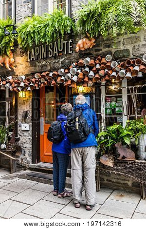 Quebec City, Canada - May 30, 2017: Lower Old Town Street Called Rue Du Petit Champlain With Older C